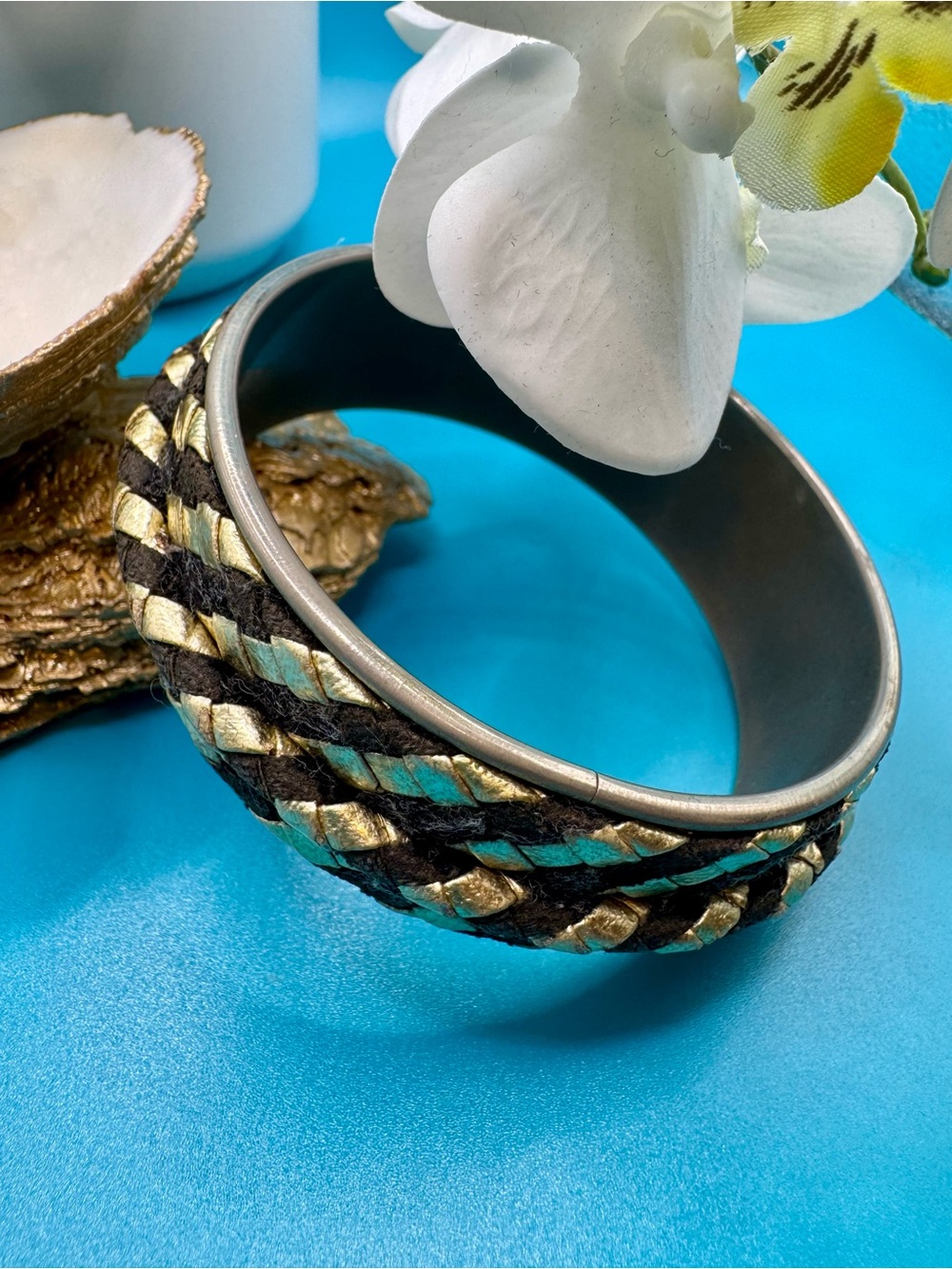 Braided Gold Metallic and Black Leather Bangle Bracelet